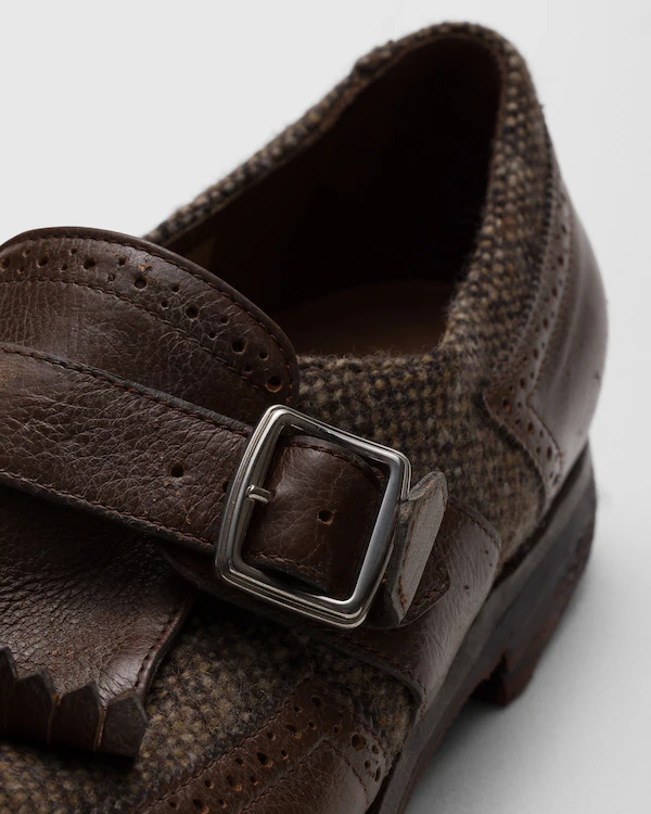 Shanghai W Antiqued Leather and Wool Monk Strap