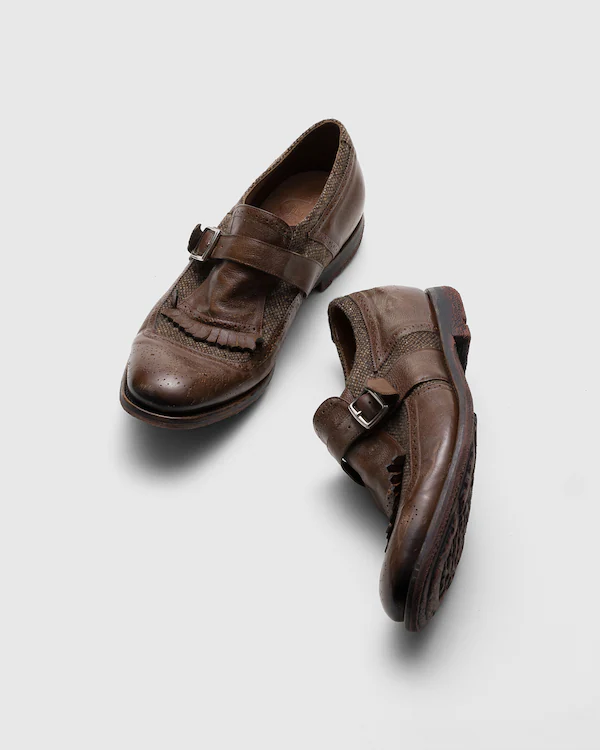 Shanghai Antiqued Leather and Wool Monk Strap